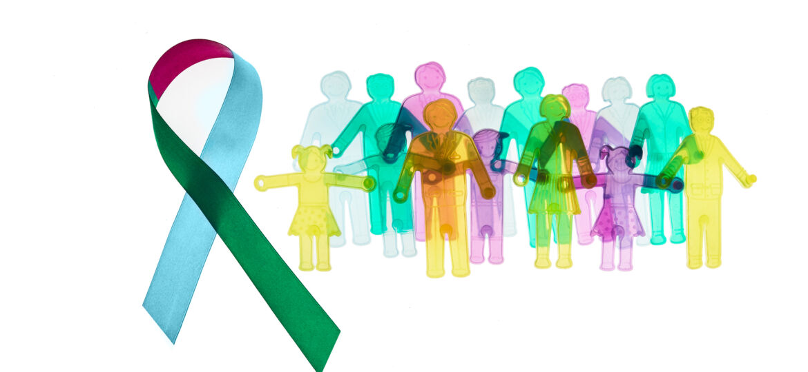Rare Disease Day Background. Colorful awareness ribbon with group of people with rare diseases.